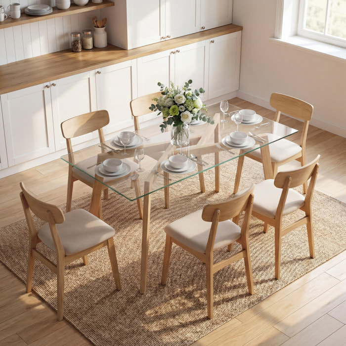 Mesa de Comedor Rectangular, Mesa de Cocina Moderna para 6 Personas con Patas de Acero y Superficie de Vidrio Templado, 150x75x76 cm, Transparente y Madera Natural