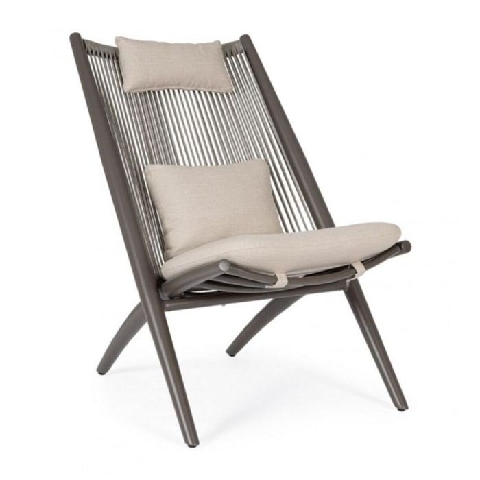 Set di 4 poltrone ALOHA in alluminio marrone e intreccio di corda marrone, con cuscini