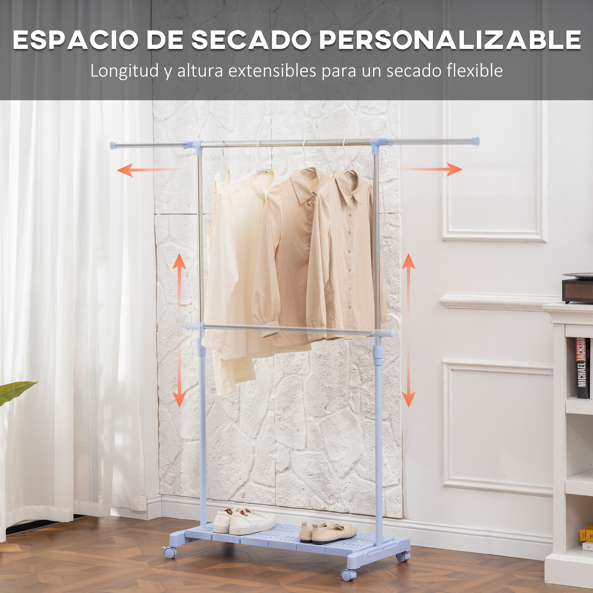 Tendedero Extensible con Ruedas, Tendedero de Ropa con Barra de Acero Inoxidable y Estante para Zapatos, Altura Ajustable, para Interior, Azul y Plata