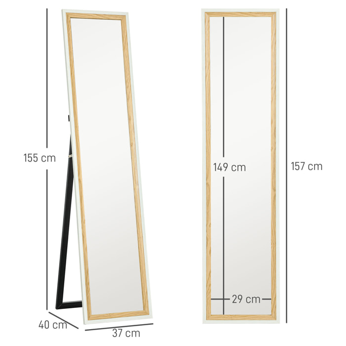 Miroir sur pied et mural design pleine longueur 37 x 157 cm cadre bicolore effet bois clair blanc