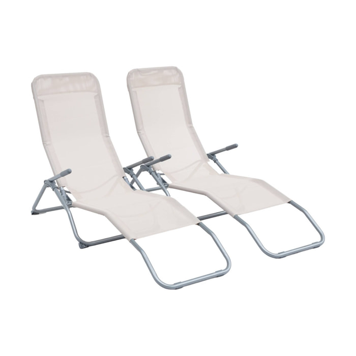 Lot de 2 bains de soleil pliants - Levito Taupe - Transats textilène 2 positions. chaises longues