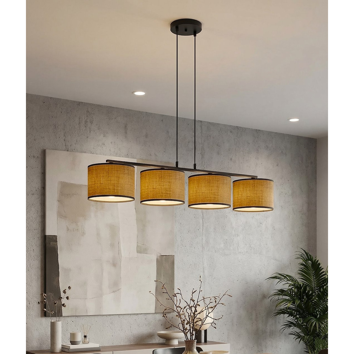 Lampada a sospensione ECO a 4 luci in acciaio nero e tessuto marrone