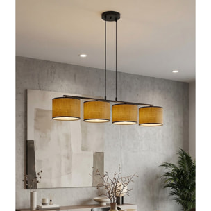 Lampada a sospensione ECO a 4 luci in acciaio nero e tessuto marrone