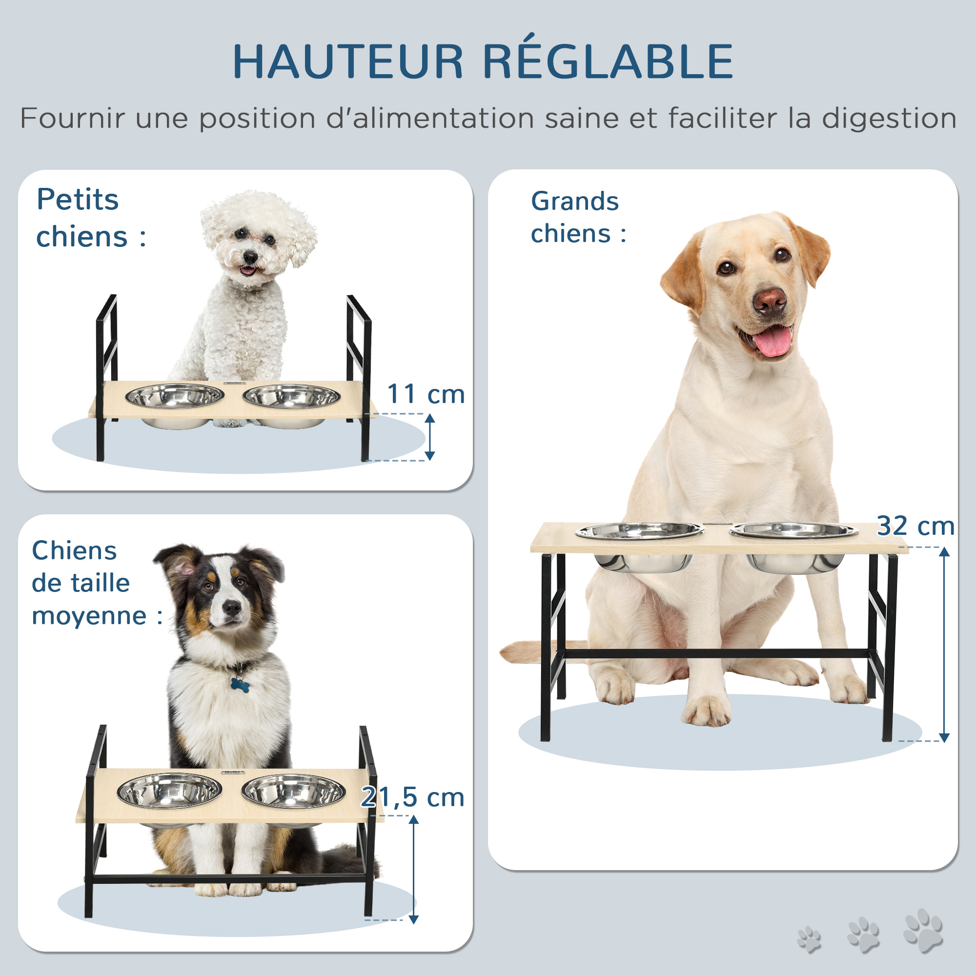 Gamelle double chien porte-gamelles surélevé réglable 2 gamelles acier inox et tapis inclus acier noir aspect bois clair