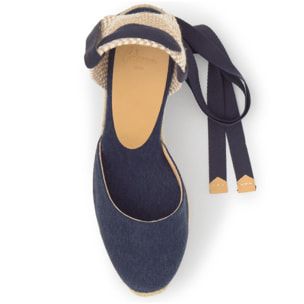 Alpargata de cuña 8 cm en lona de algodón con cintas al tobillo y talonera trenzada