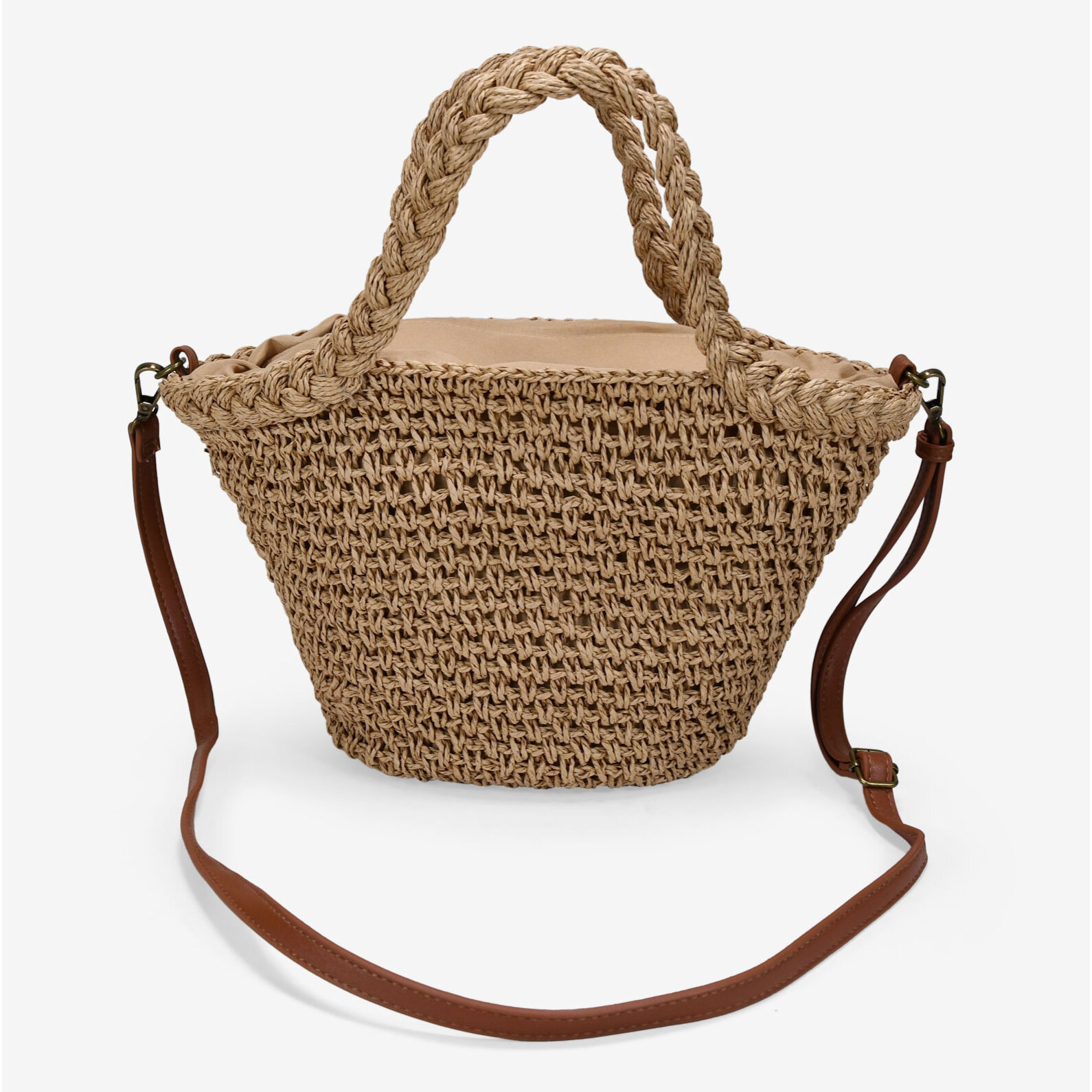 Bolso de mano marrón claro en rafia con estrellas metálicas