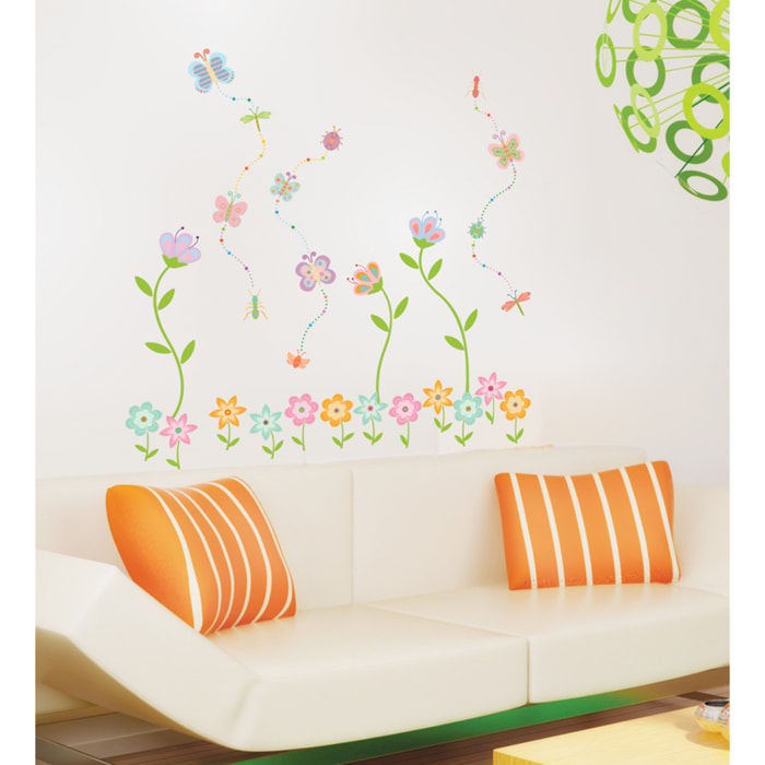 Stickers Muraux décoration adhésifs fleurs de jardin et papillons