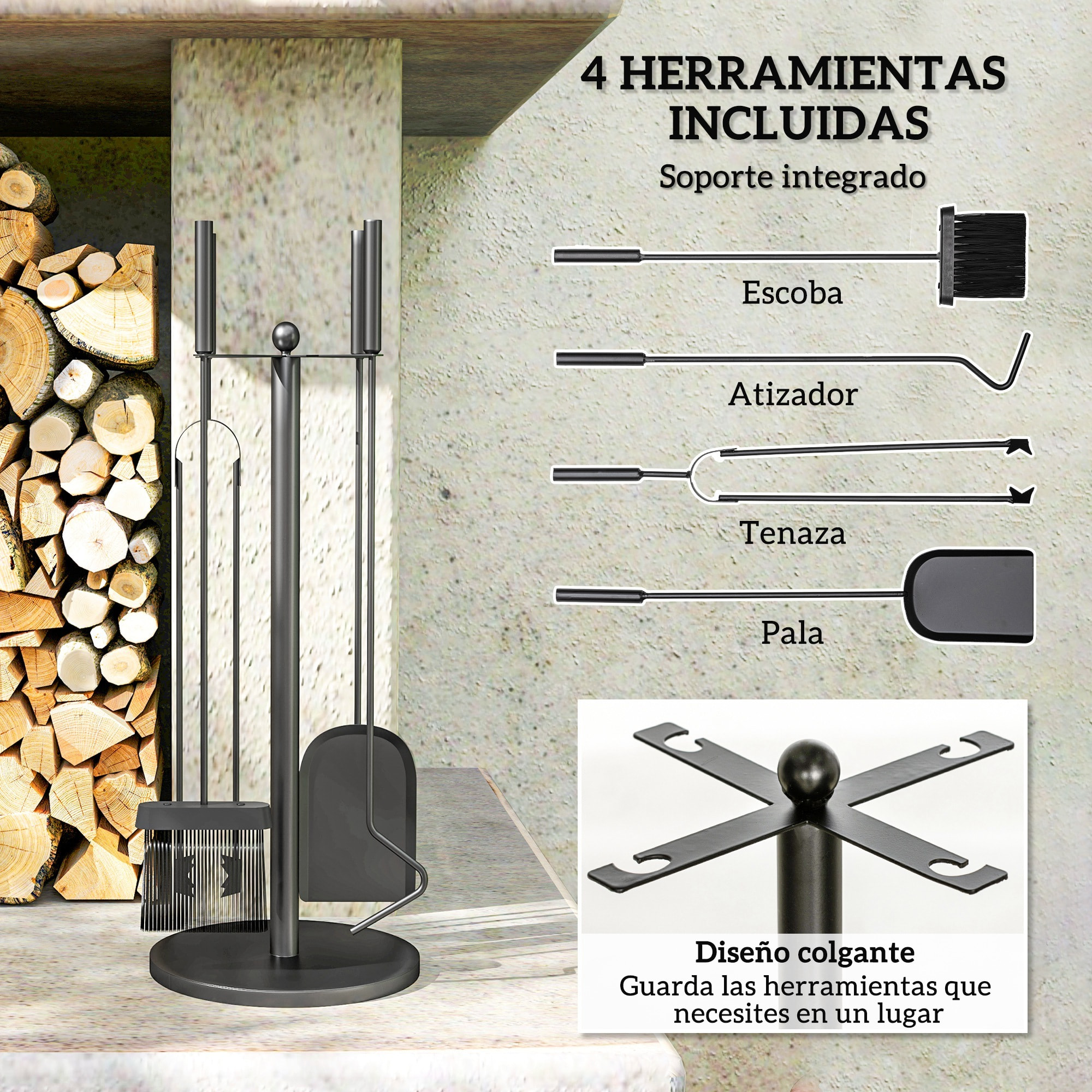 Juego de Herramientas para Chimenea de 5 Piezas Juego de Accesorios para Chimenea de Metal con Escoba Pala Tenazas Atizador y Soporte Ø25x54 cm Negro