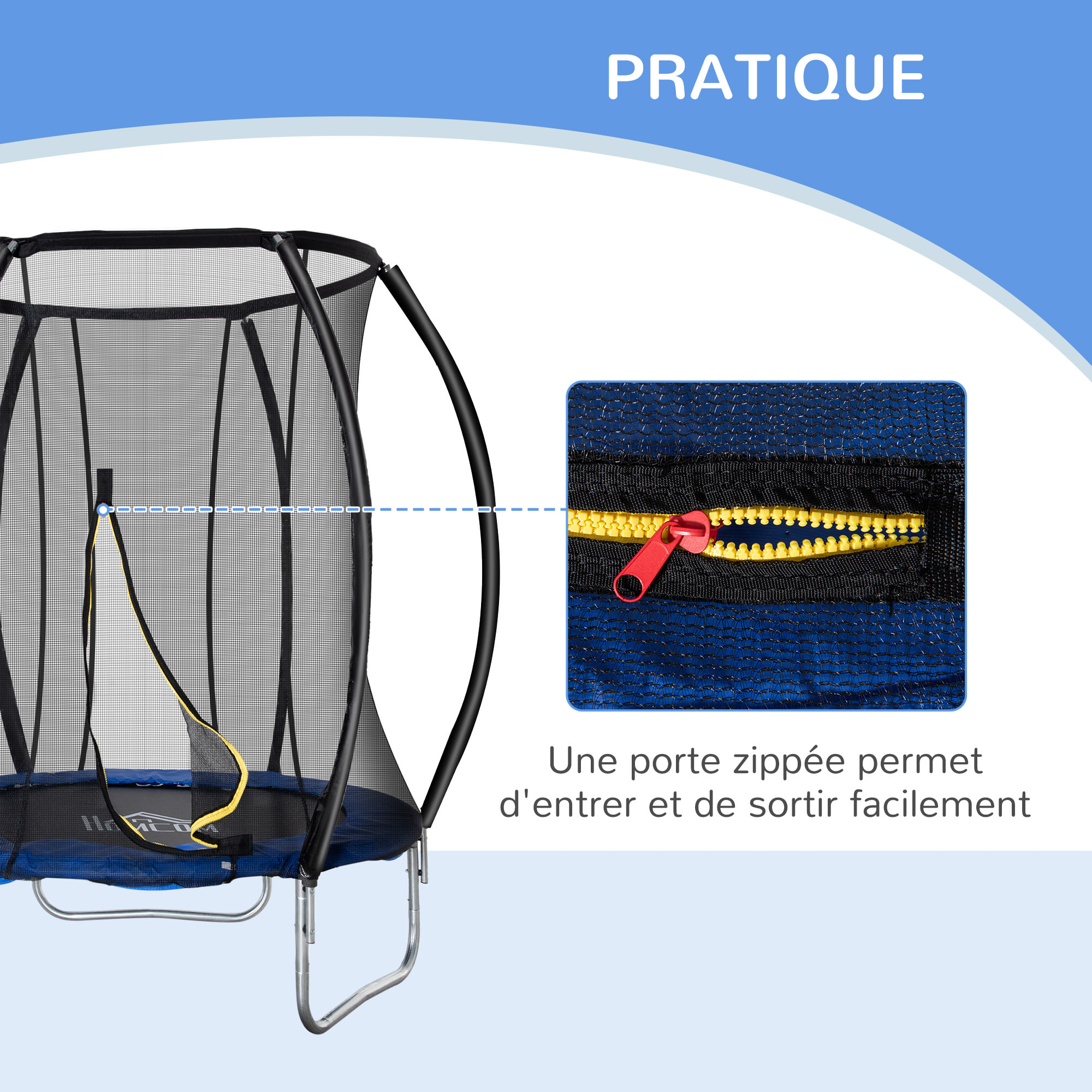 Trampoline enfant Ø 2,25 × 2,35H m filet de sécurité porte zipée couvre-ressorts 6 poteaux rembourrés incurvés bleu