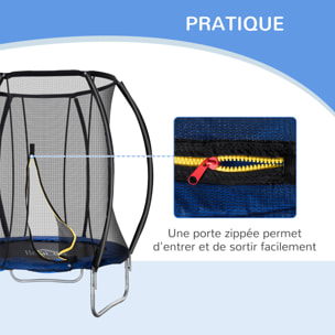 Trampoline enfant Ø 2,25 × 2,35H m filet de sécurité porte zipée couvre-ressorts 6 poteaux rembourrés incurvés bleu