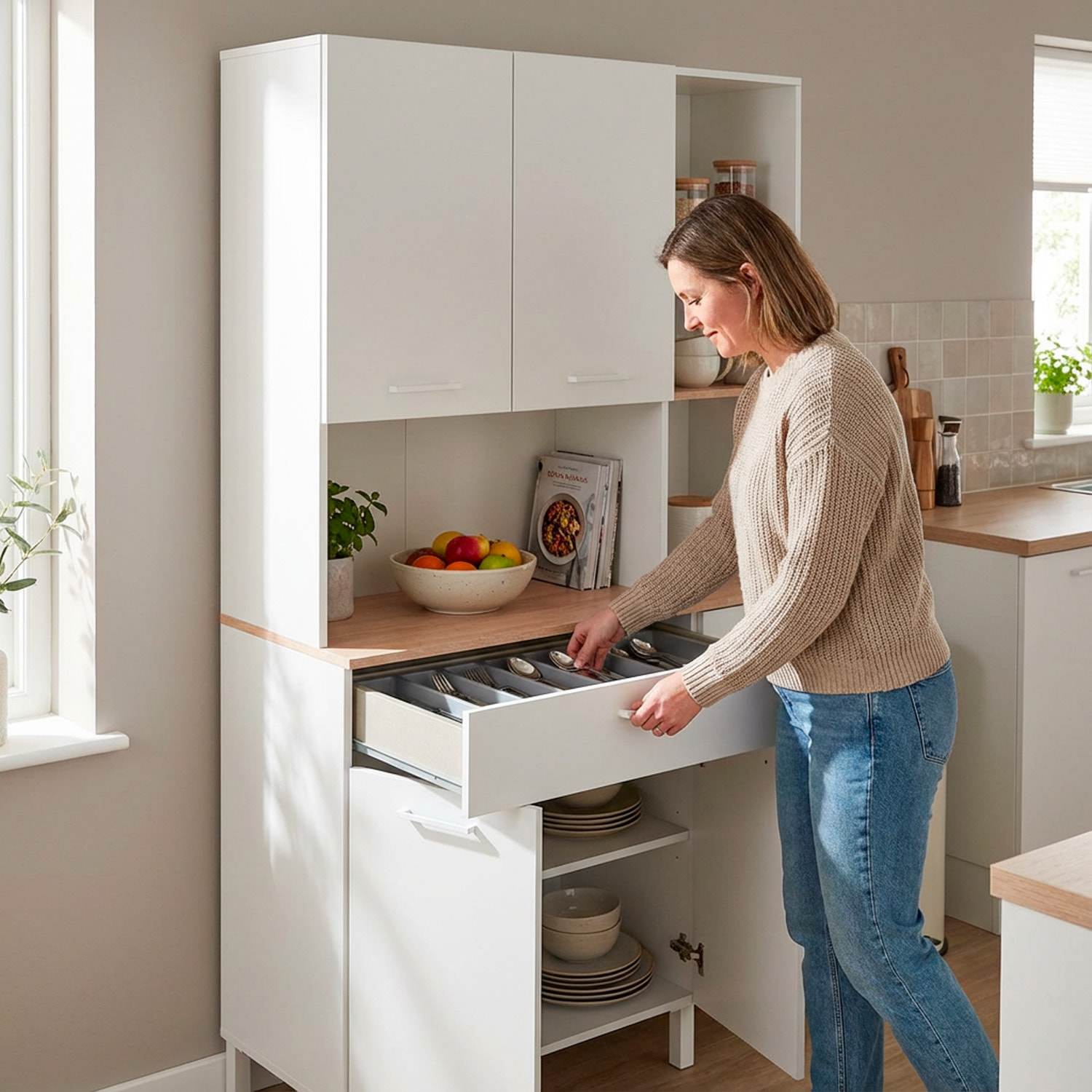 Mobile Dispensa Alto Per Cucina Microonde Credenza Madia Colonna Con 5 Ante e Cassetto Mobiletto Ausiliare Design 108 x 40 x 186 Cm Bianco e Rovere