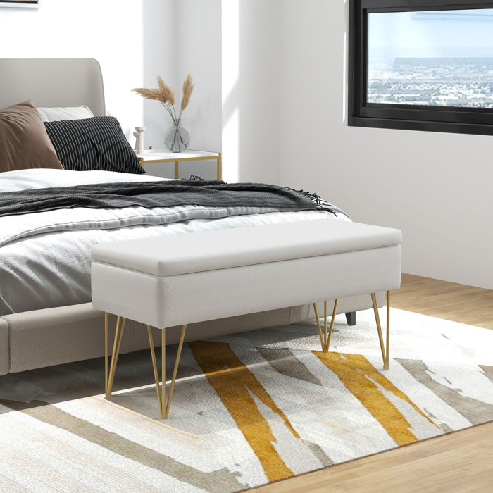 Banco Pie de Cama, Taburete Pie de Cama Tapizado en Lino Sintético con Patas de Acero y Asiento Acolchado, Estilo Moderno, Banco para Dormitorio, Entrada, Pasillo, Crema
