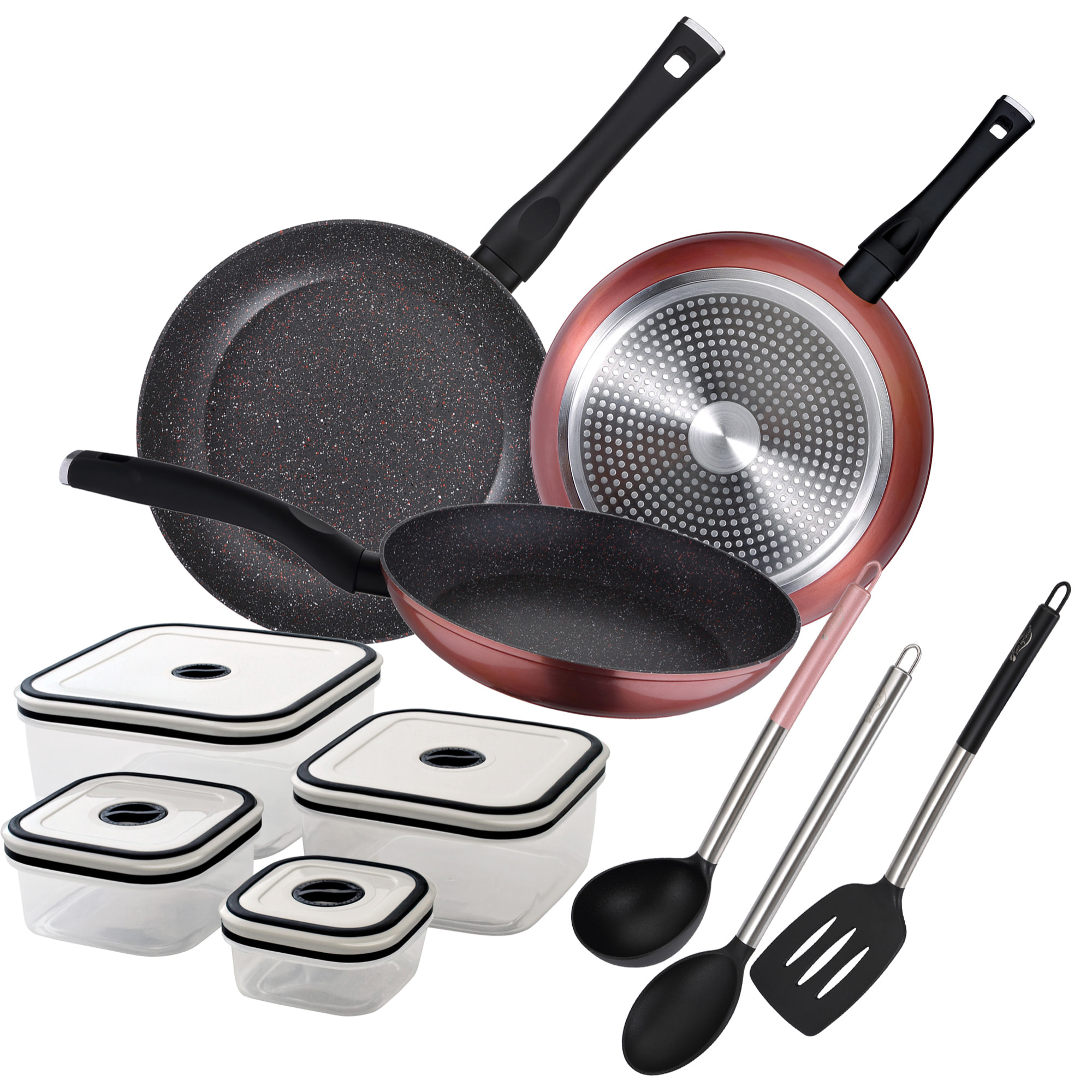 SET 3 sartenes + 4 fiambreras + 3 utensilios San Ignacio