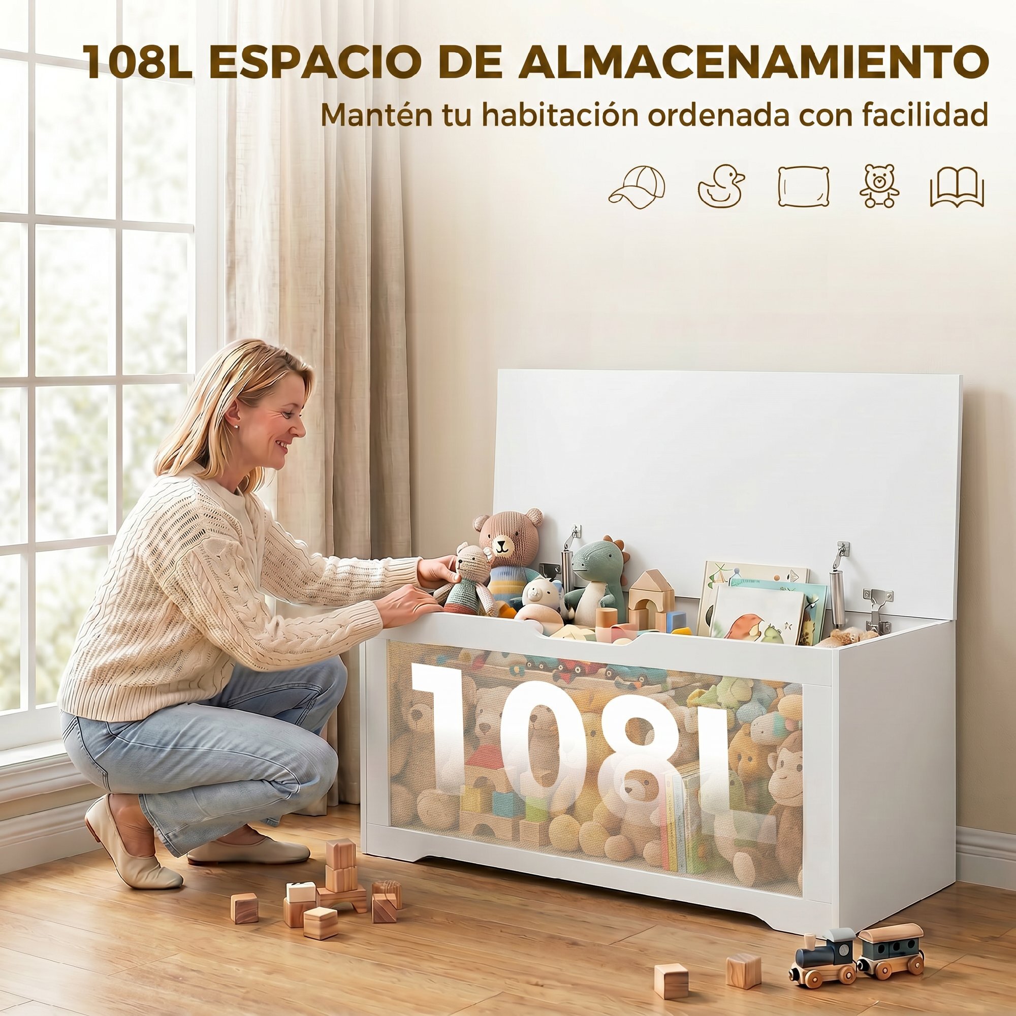 Baúl de Almacenaje 108L, Banco de Almacenaje con Panel de Ratán, Tapa Elevable, Brazos de Soporte, Diseño Sin Tiradores, para Recibidor, Pasillo, Dormitorio, Salón, 80x40x45 cm, Blanco
