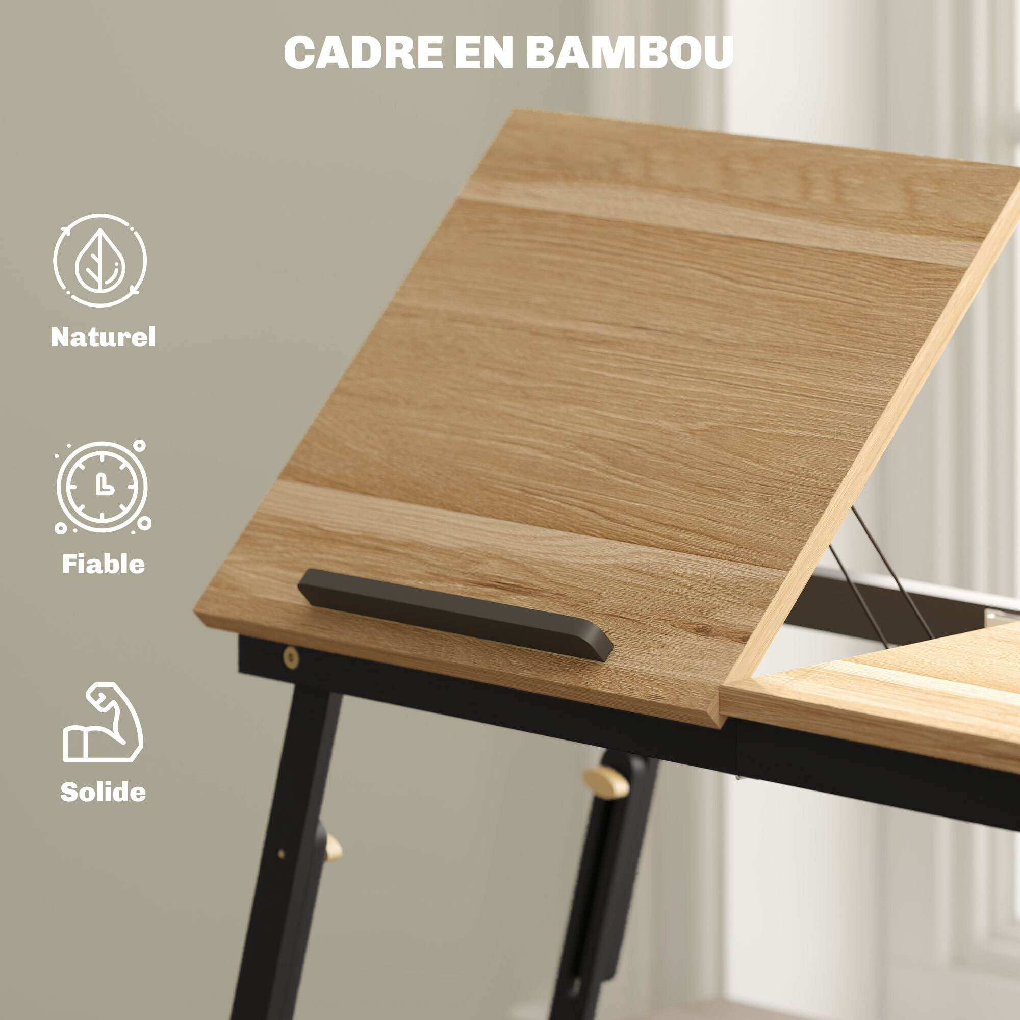 Table de lit pliable réglable pour ordinateur - plateau inclinable, tiroir - bois bambou MDF noir