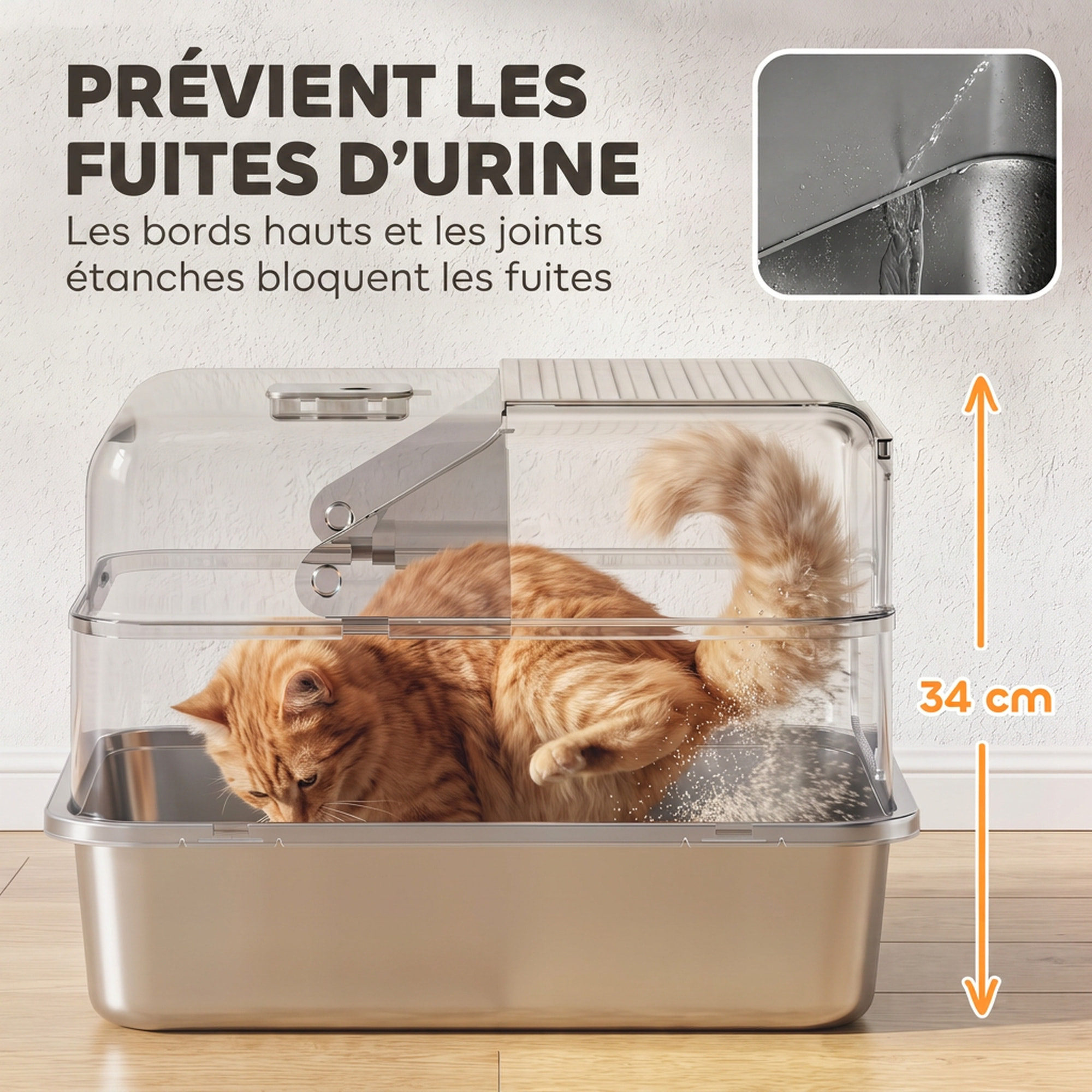 Maison de toilette bac à litière 2-en-1 acier inox PP avec accessoires