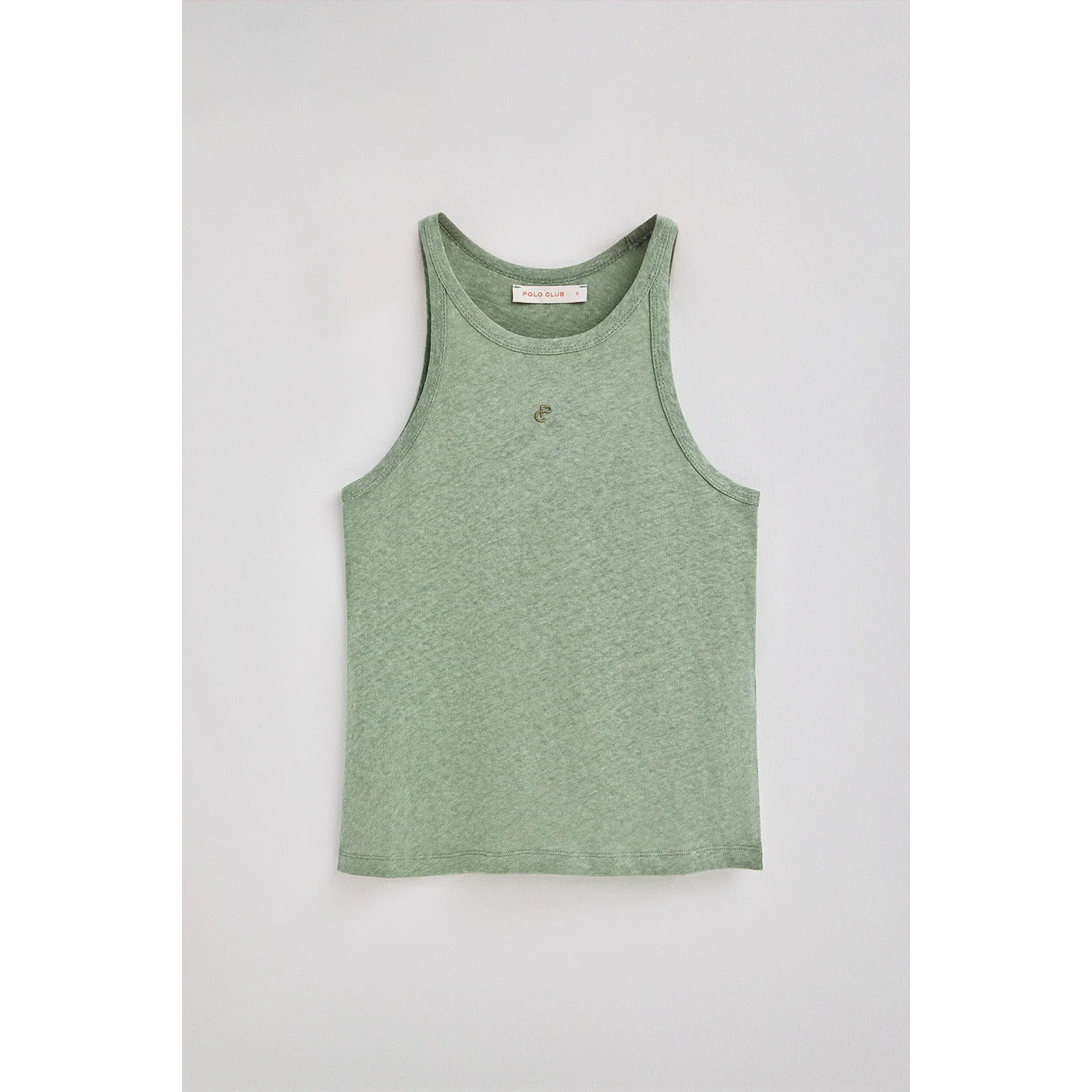 Maglietta verde giada in lino e cotone con monogramma ricamato