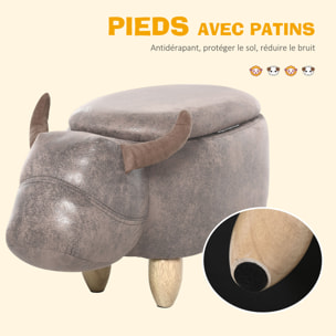Tabouret vache - pouf vachette - pouf taureau coffre de rangement 2 en 1 - pieds bois d'hévéa revêtement synthétique aspect daim vieilli marron