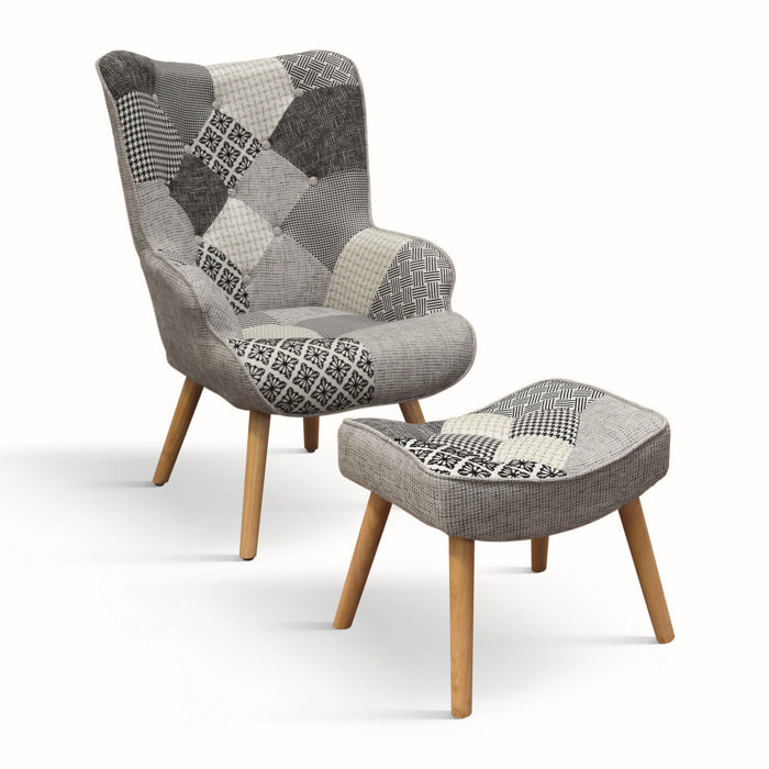 Poltrona HAVANA in tessuto patchwork grigio e gambe in legno, con poggiapiedi