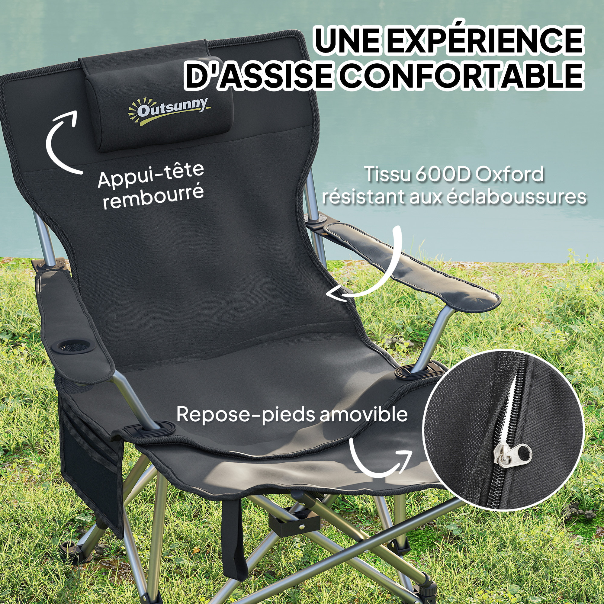 Chaise de camping pliante - repose-pied amovible, rangements - sac transport - noir
