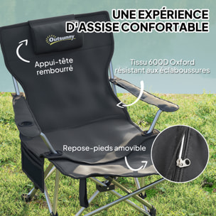 Chaise de camping pliante - repose-pied amovible, rangements - sac transport - noir