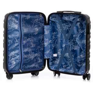 Set di 3 valigie Trolley, in materiale leggero ABS ad alta resistenza. Serratura numerica e 4 ruote girevoli a 360°.