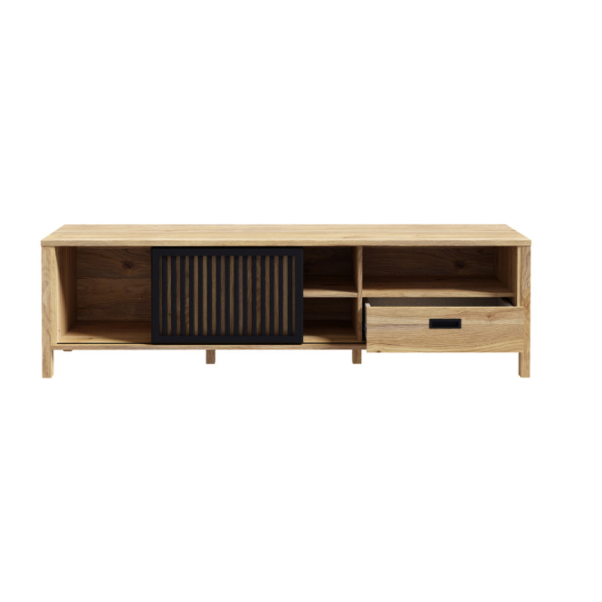 Meuble TV L175 cm 4 niches 1 tiroir décor bois chêne et noir - BOSTON