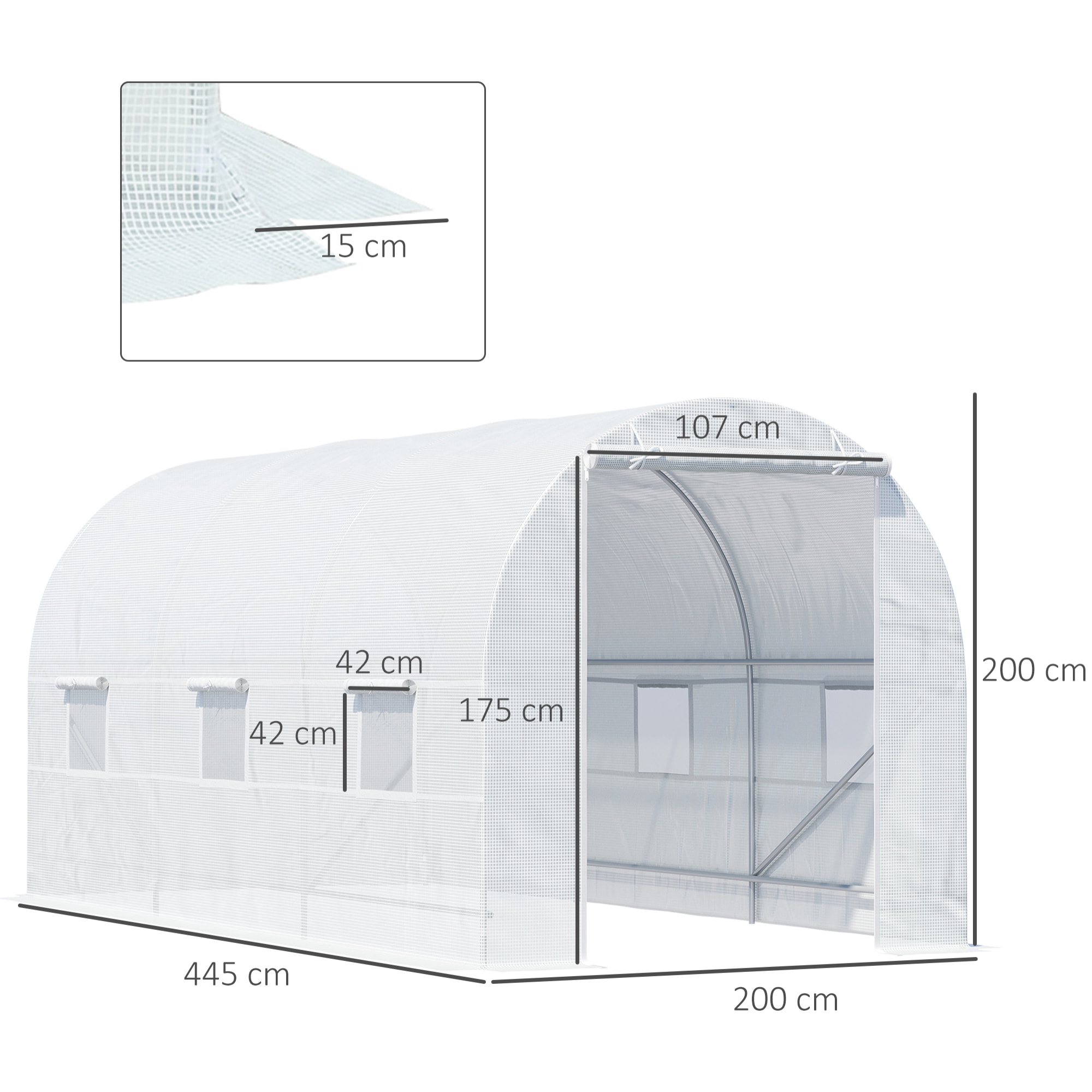 Invernadero de Túnel 450x200x200 cm Invernadero de Jardín con Puerta Enrollable y 6 Ventanas Cubierta PE 140 g/m² Anti-UV Marco de Metal para Cultivo Plantas Verduras Blanco