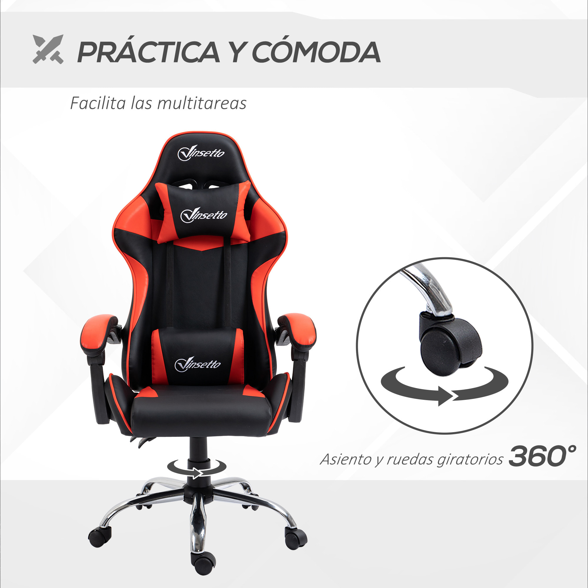 Silla Gaming Ergonómica Silla de Escritorio Racing Giratoria con Altura Ajustable Reclinable de 135° Reposacabezas y Cojín Lumbar para Oficina Estudio 63x67x122-130 cm Rojo