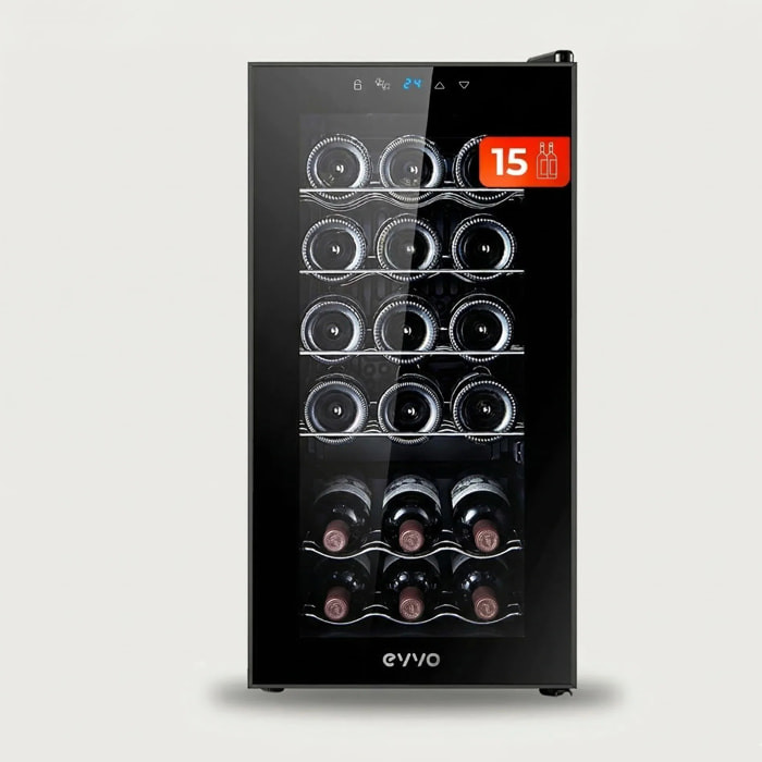 EVVO Vinoteca para 15 botellas VT15, termoeléctrico, compresor, 5-18ºC regulable, muy silencioso 41 dB, pantalla táctil, diplay LED, luz interior