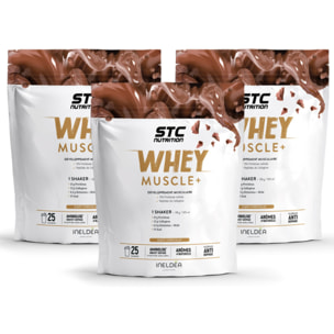 STC NUTRITION - Whey Muscle+ - Protéines Natives - Développement Muscle Sec - Innovation Brevetée Aminolise 100% Digeste - Sans Colorants, Sans Gluten - Chocolat -  Lot de 3 Doypack 750g
