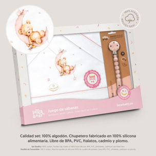 Triptico Cuna Estampado Oso Luna Estrellas + Broche Bco/Rosa