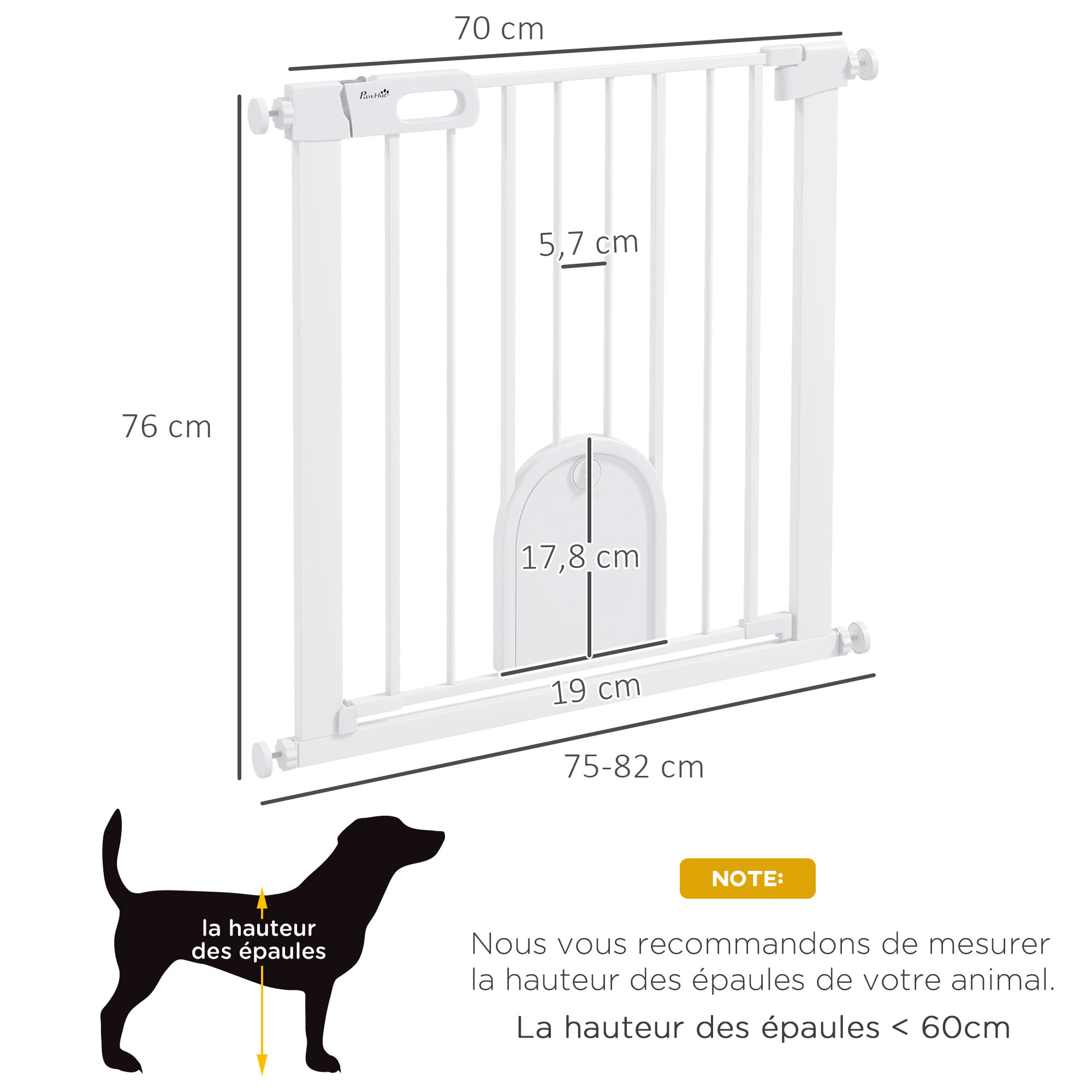 Barrière de sécurité chien L.75-82 x H.76 cm porte verrouillable fixation pression blanc
