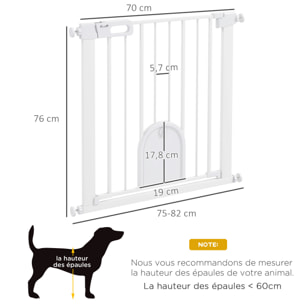 Barrière de sécurité chien L.75-82 x H.76 cm porte verrouillable fixation pression blanc