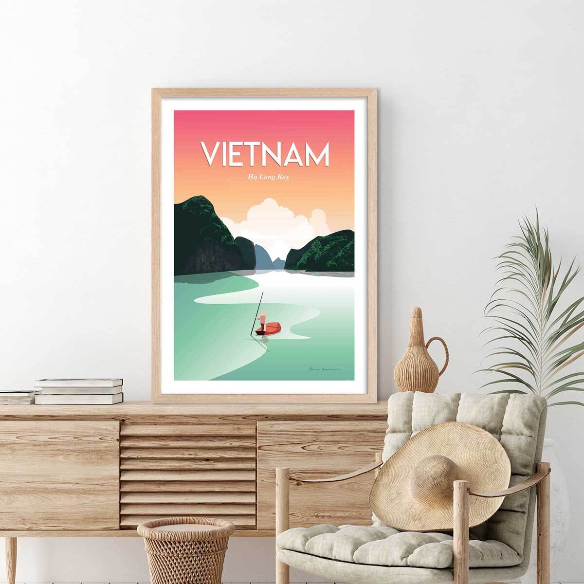 Affiche voyage Vietnam Baie Halong Affiche + cadre en bois - Chêne