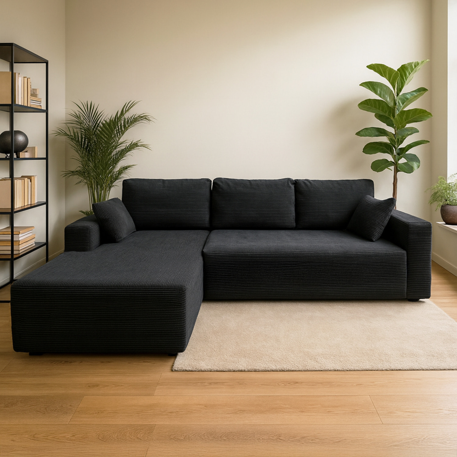 PRESTON Canapé d'angle 3 places en velours côtelé gris anthracite