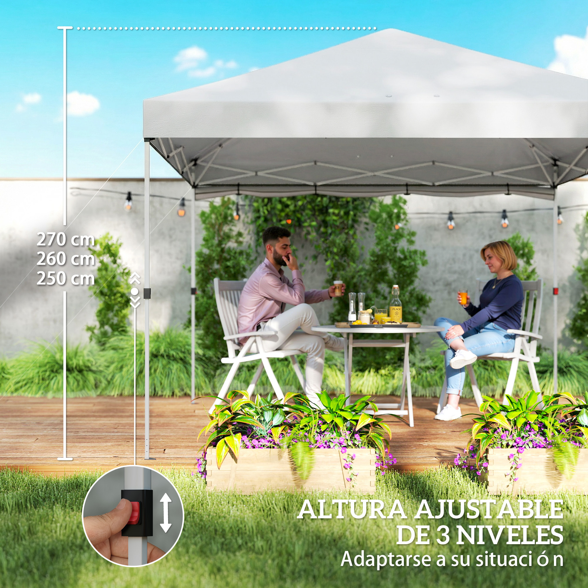 Carpa Plegable 3x3 m, Pop-up, con Pared Lateral, Cenador de Jardín con Protección UPF50+, Empuje Central, Altura Ajustable, Bolsa de Transporte, Gazebo para Camping, Exterior, Blanco