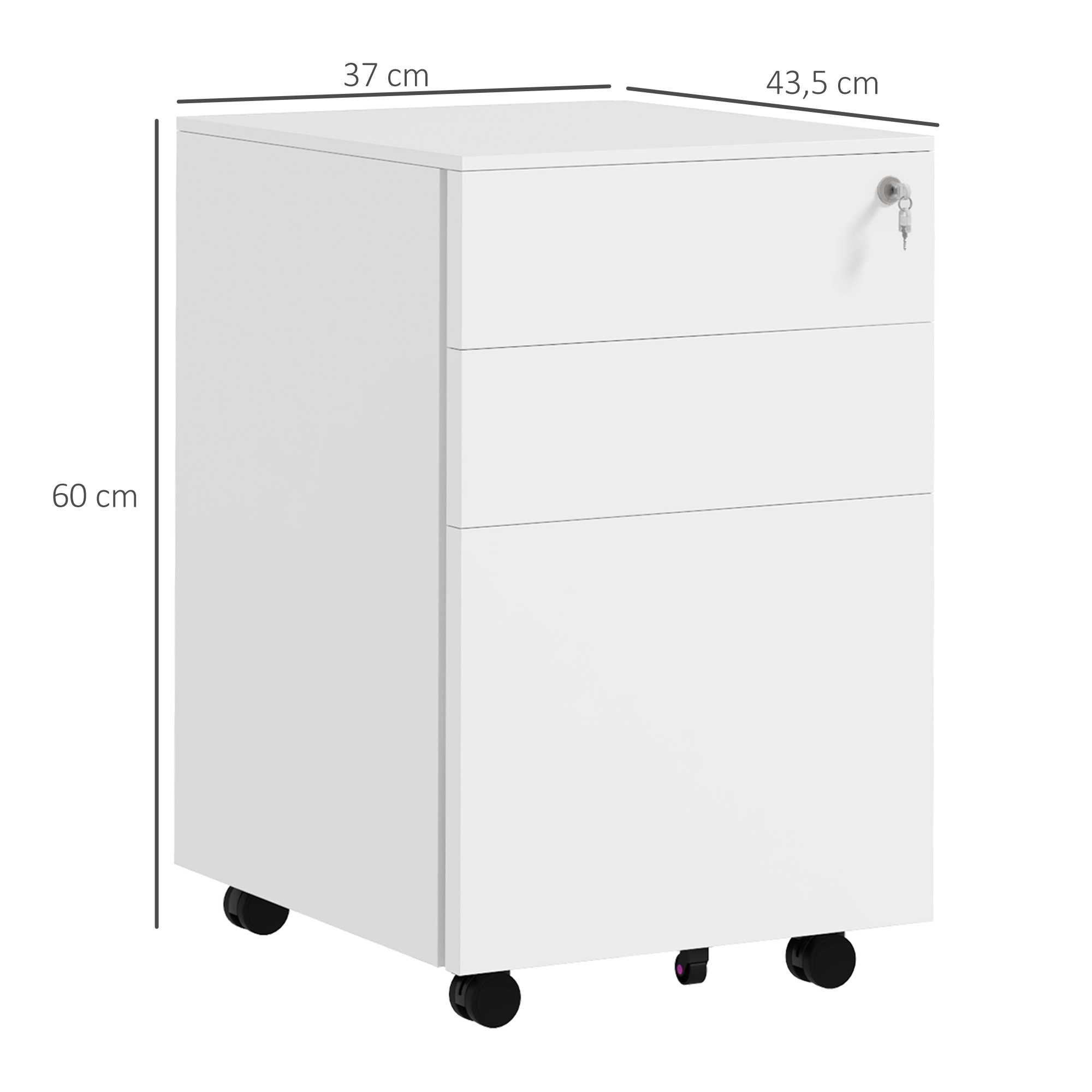 Caisson de bureau rangement bureau sur roulettes 3 tiroirs coulissants verrouillables trieur à dossiers acier blanc