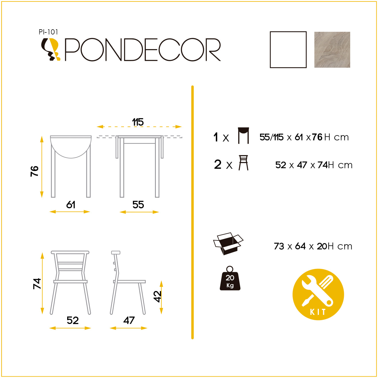 Conjunto EVA - 1 mesita extensible y 2 sillas - 55/115x61x74cm