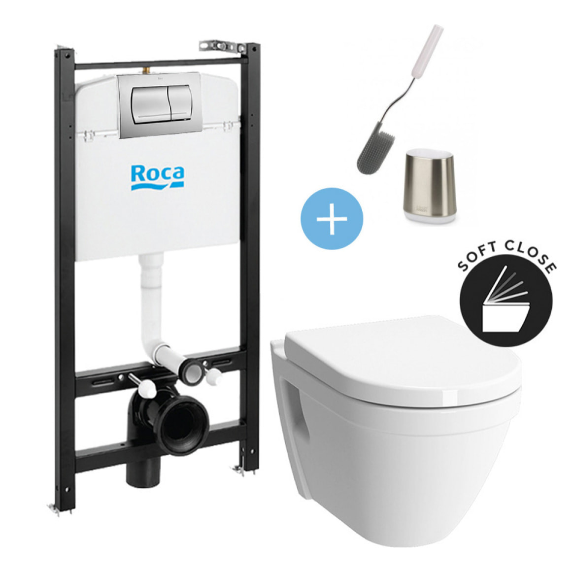 Pack Bâti-support Roca Active + WC suspendu Vitra + Abattant soft close + plaque chrome + brosse de toilette