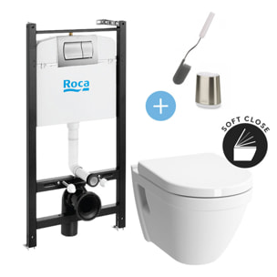 Pack Bâti-support Roca Active + WC suspendu Vitra + Abattant soft close + plaque chrome + brosse de toilette