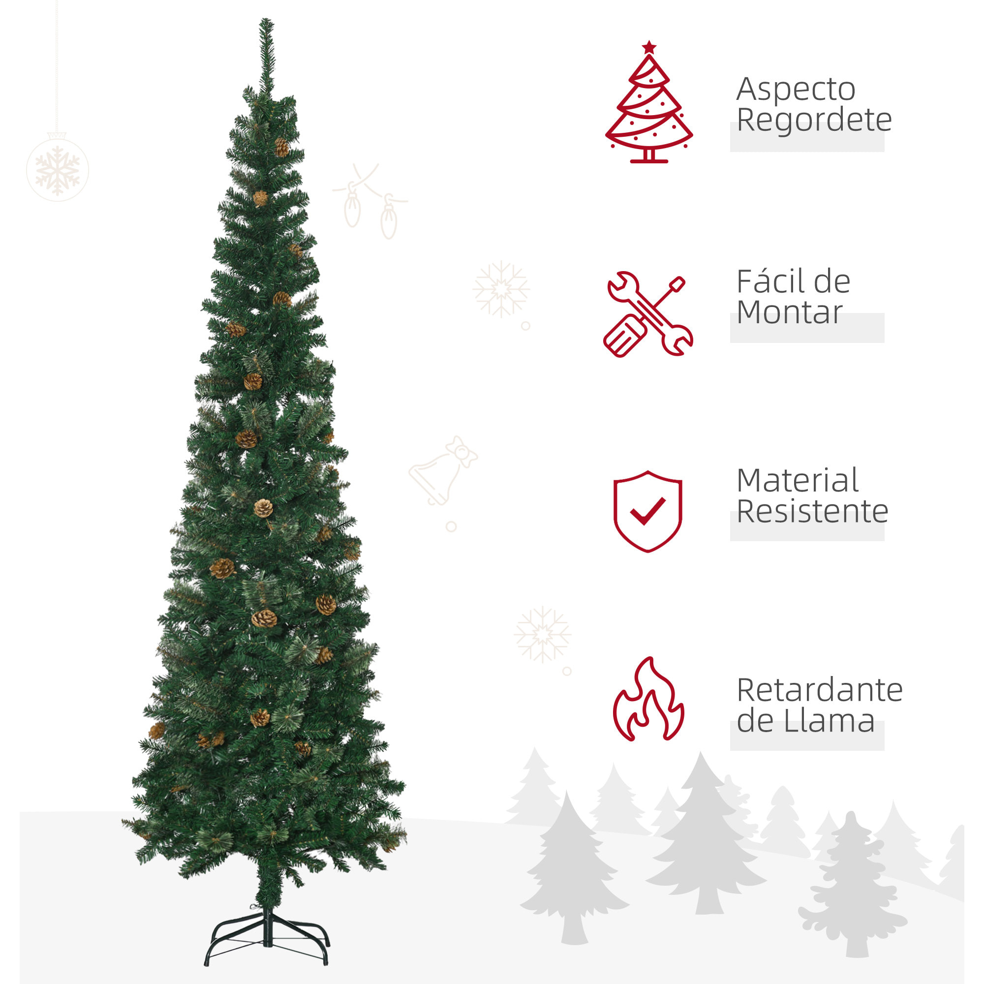 Árbol de Navidad Artificial 225 cm Árbol de Navideño de 706 Ramas Árbol de Navidad Estrecho Forma de Lápiz con 56 Piñas Base Plegable cm Verde