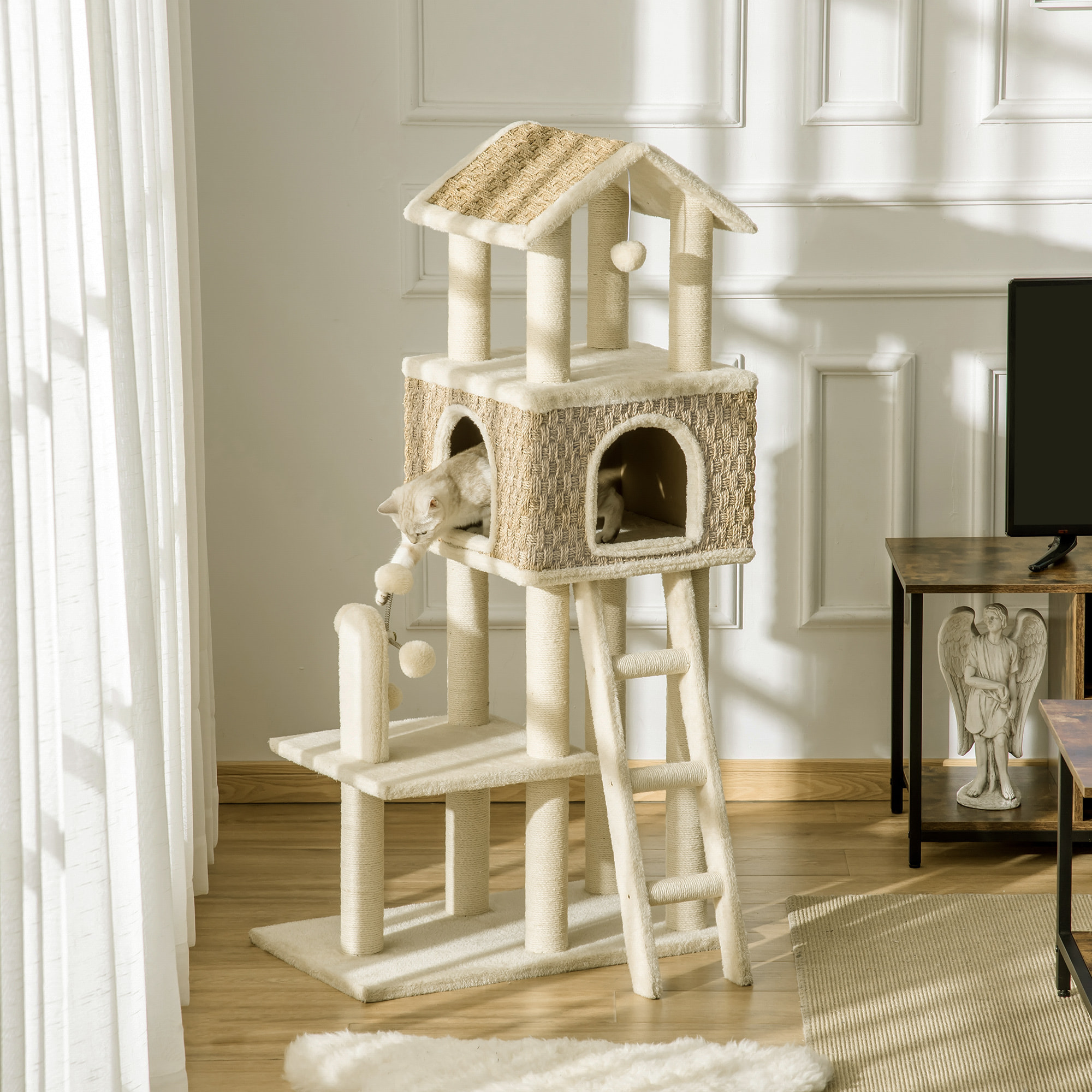 Arbre à chats style cosy chic griffoirs sisal naturel grande niche plateforme échelle jeu boules tourniquet peluche courte cordes d'algues tressées