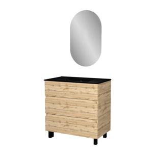Meuble Salle de Bains 80cm 3 Tiroirs Chêne Naturel + Vasque Noire et Miroir Ovale