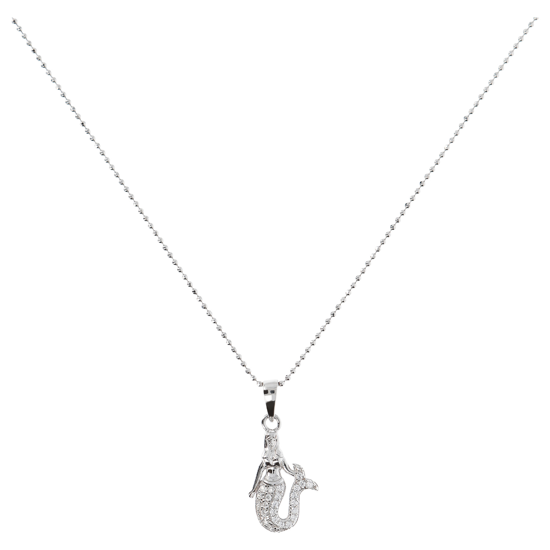 Collana in Argento 925 placcato Platino con Catena a Palline e Pendente Sirena con Cubic Zirconia