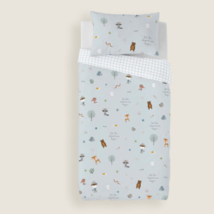 Funda Nórdica Estampada - Reversible - Infantil - Cierre Solapa - 100% Algodón - Incluye 1 Funda de Almohada - Aventura Bosque