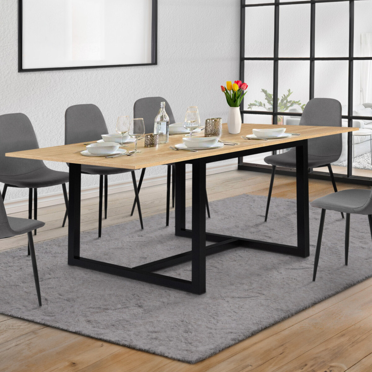 Table à manger dépliante Memphis bois et noir 80-160cm