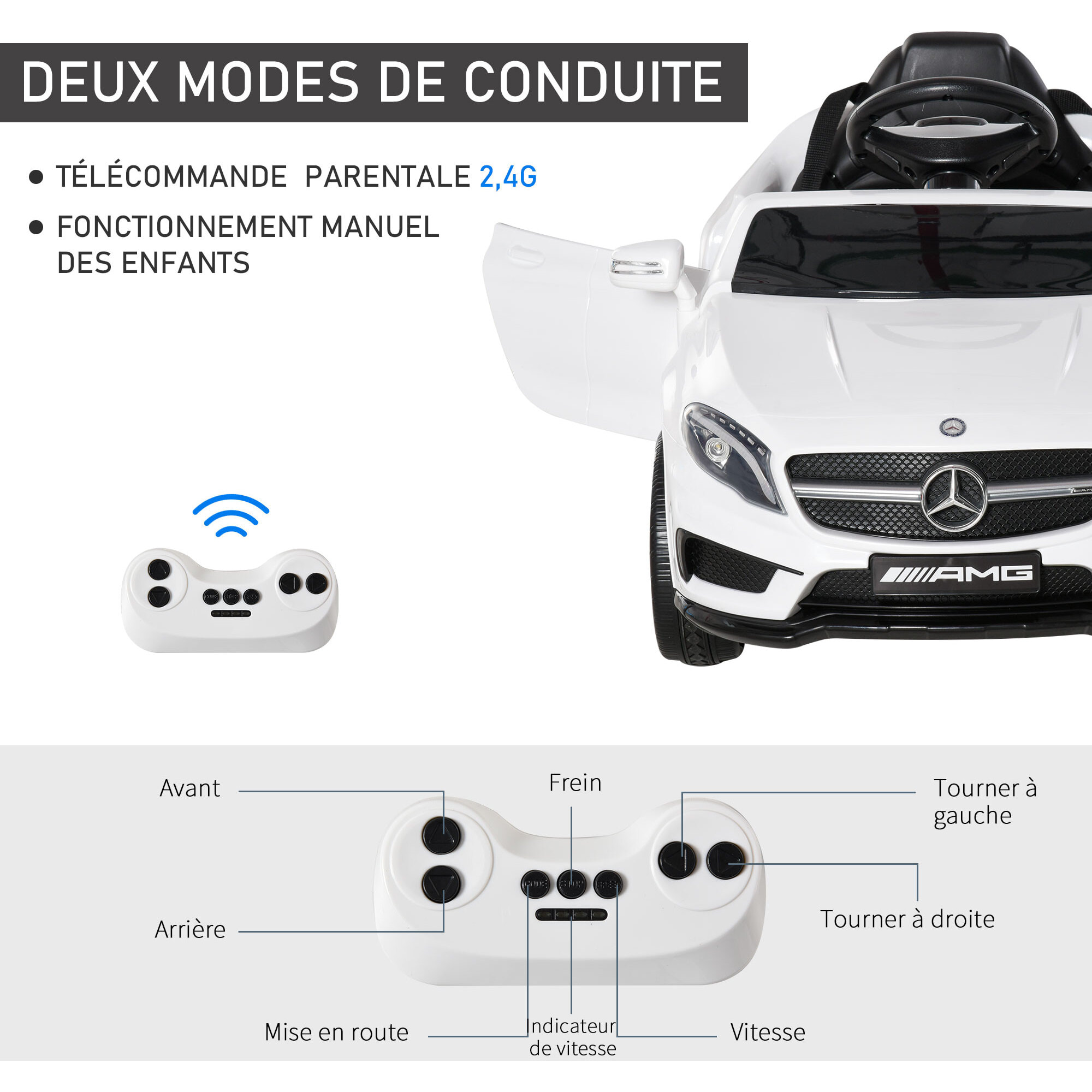 Voiture véhicule électrique enfant 6 V 7 Km/h max. télécommande effets sonores + lumineux Mercedes GLA AMG blanc