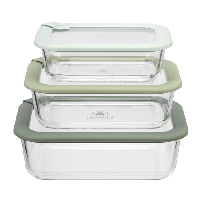 Lot de 3 boîtes en verre rectangulaires avec couvercle 640 1050 1520ml