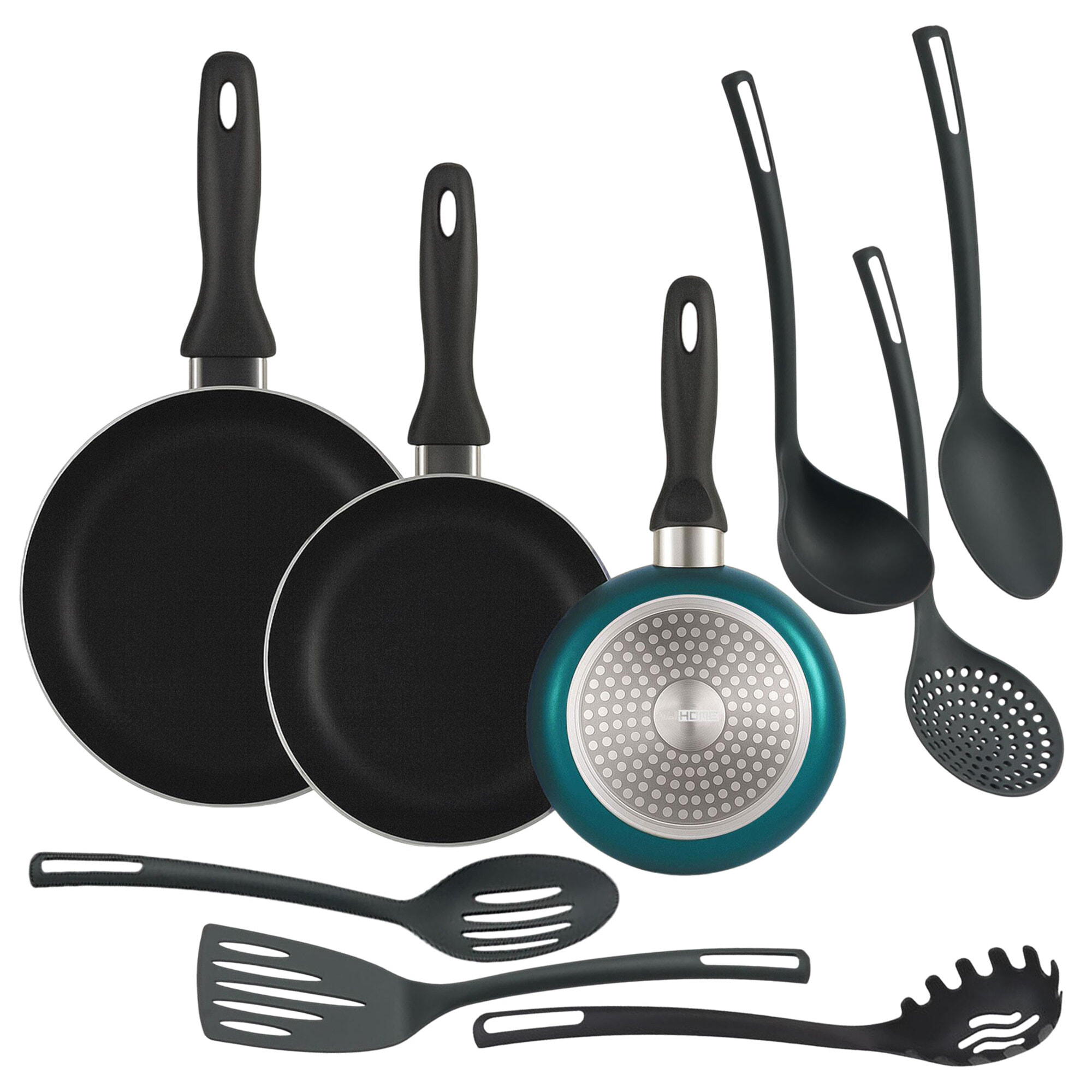 set de 3 sartenes ø16ø20ø24cm de aluminio prensado en azul metalizado + 6 utensilios de cocina en pbt color negro